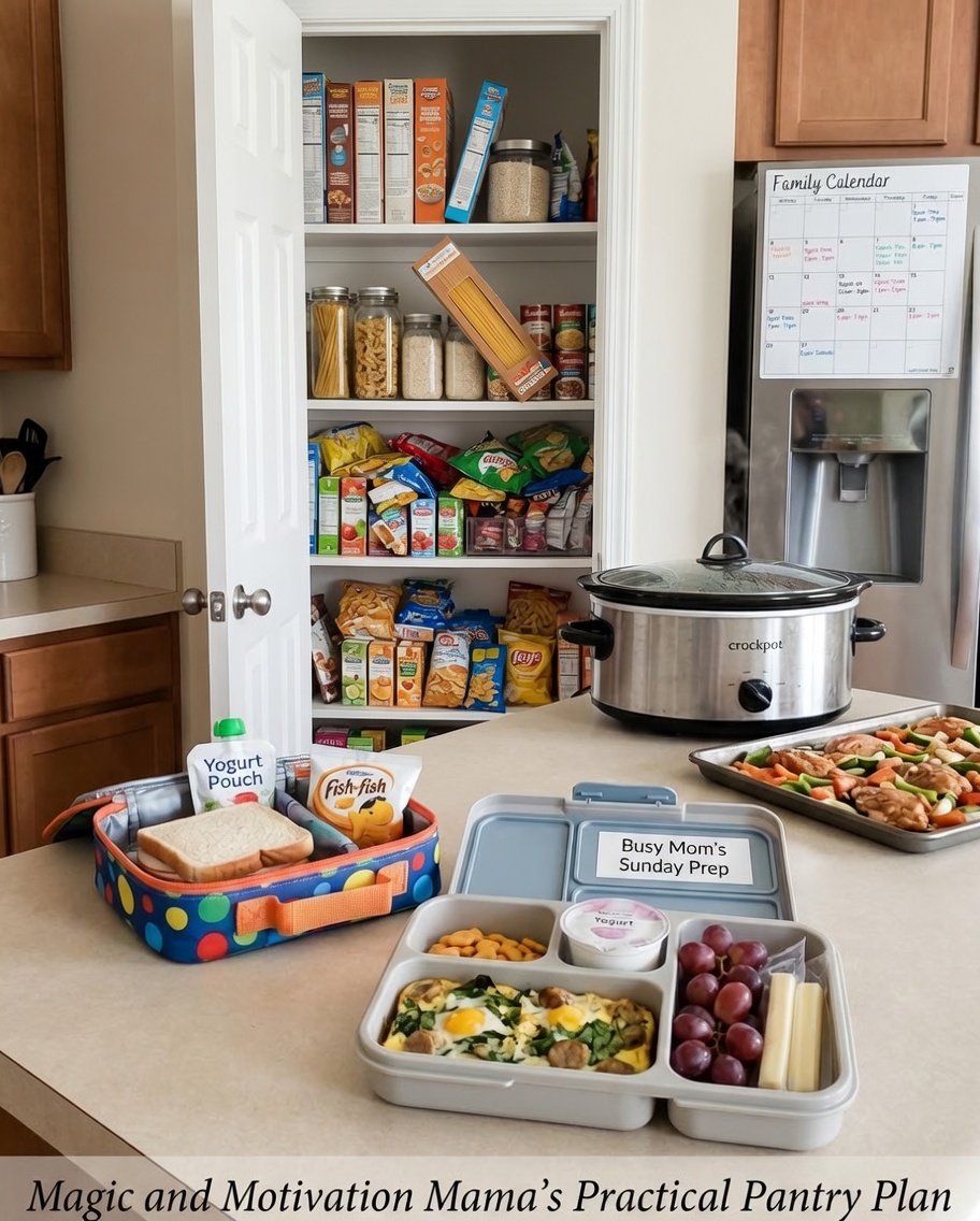 A crowded everyday pantry cupboard with pasta, rice, Goldfish, and a grocery list