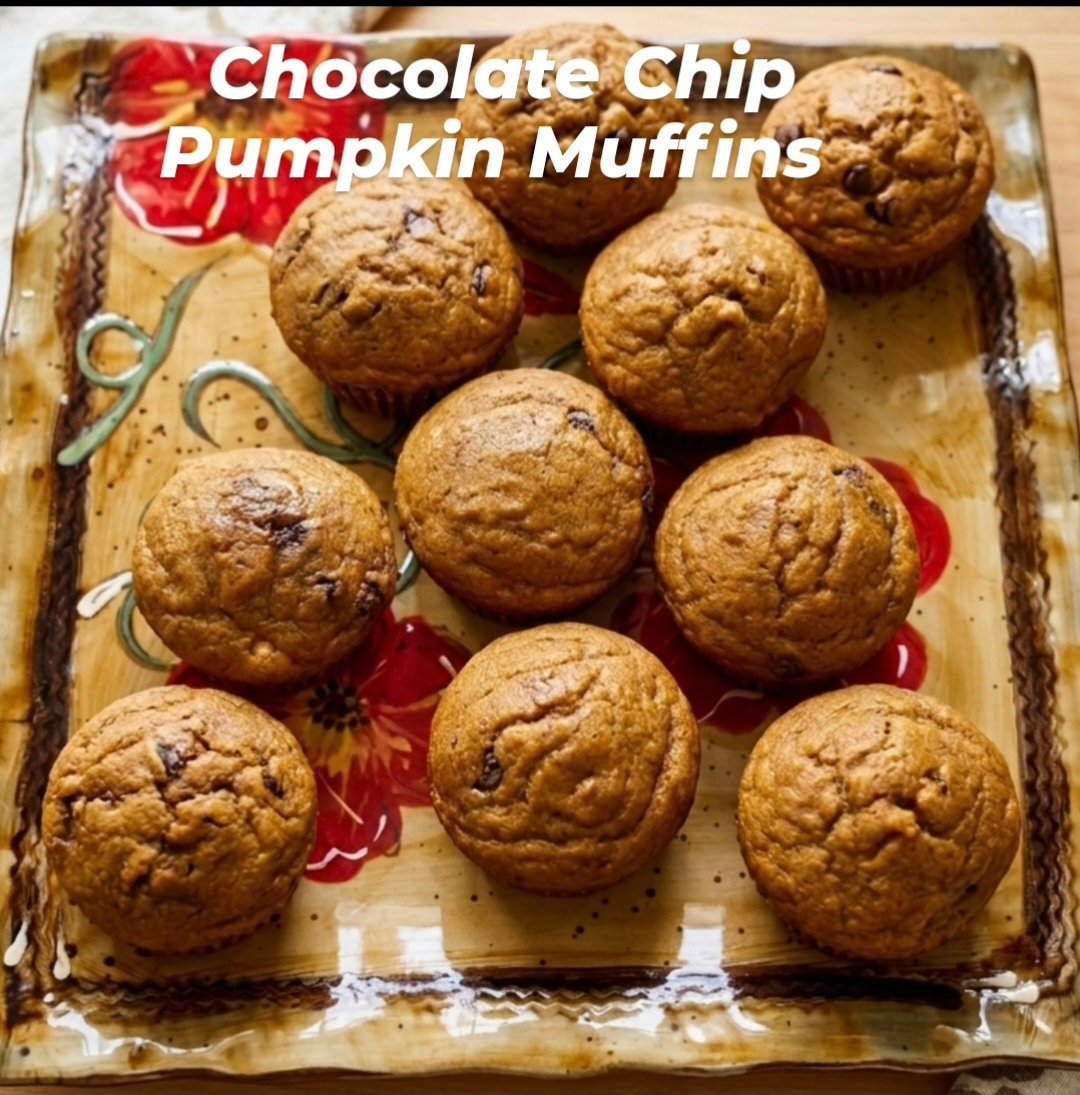 Chocolate chip pumpkin muffins on a floral serving platter