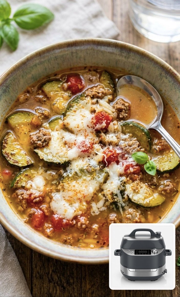Sausage and zucchini soup pin with Ninja PossibleCooker