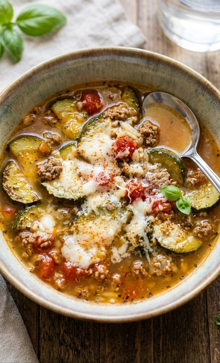 Bowl of sausage and zucchini soup with cherry tomatoes and melted Parmesan