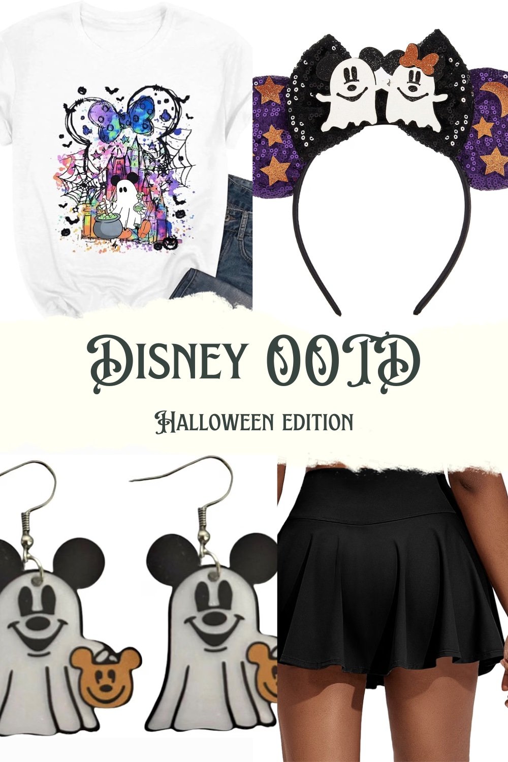 Cute and spooky Disney Halloween OOTD: ghost castle tee, purple sequin ghost Mickey ears, ghost Mickey earrings, and a black high-waisted skort