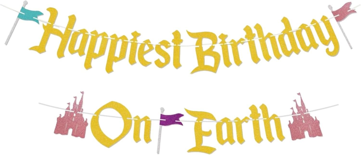 Happiest Birthday on Earth gold glitter castle birthday banner
