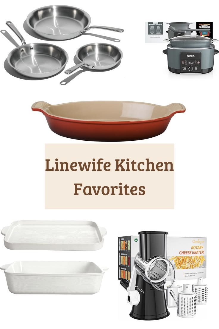 Must-have kitchen essentials collage for meal prep and quick dinners: cookware, baking dishes, and prep gadgets